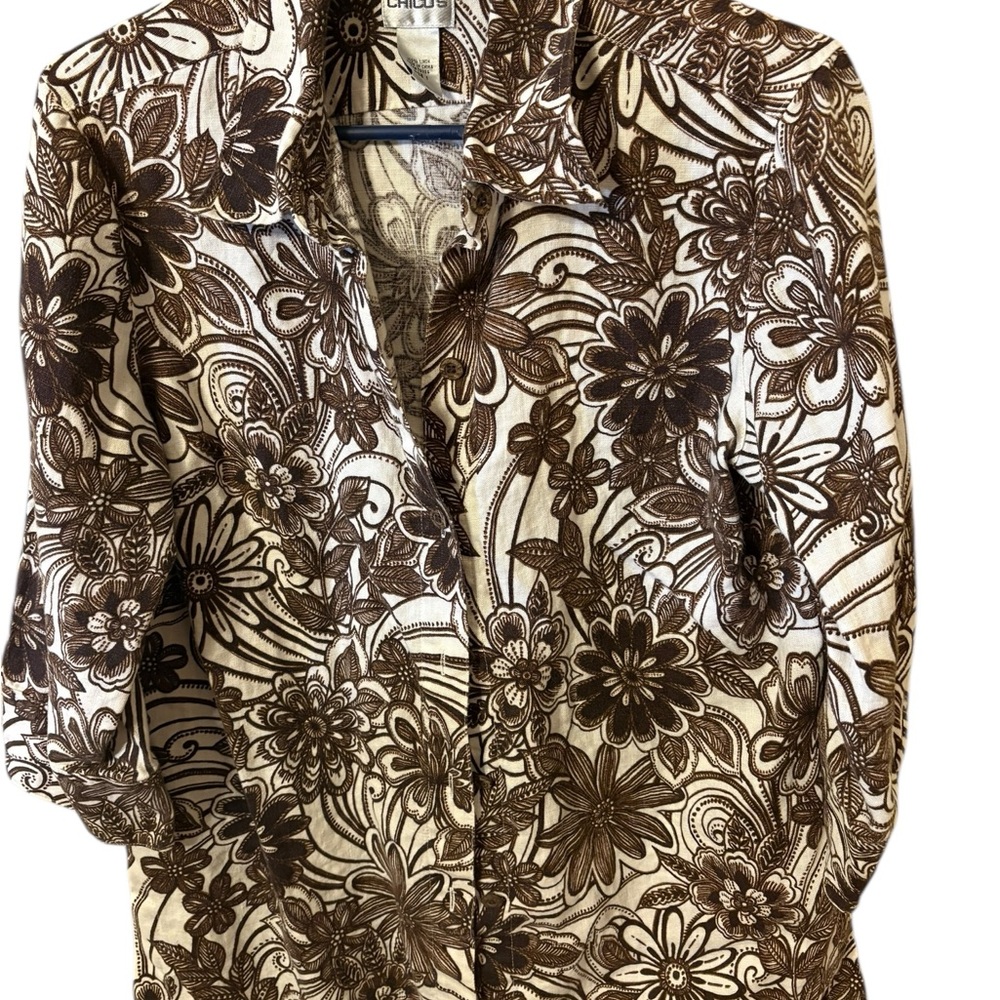 Chico's Brown Floral Button Down Shirt linen